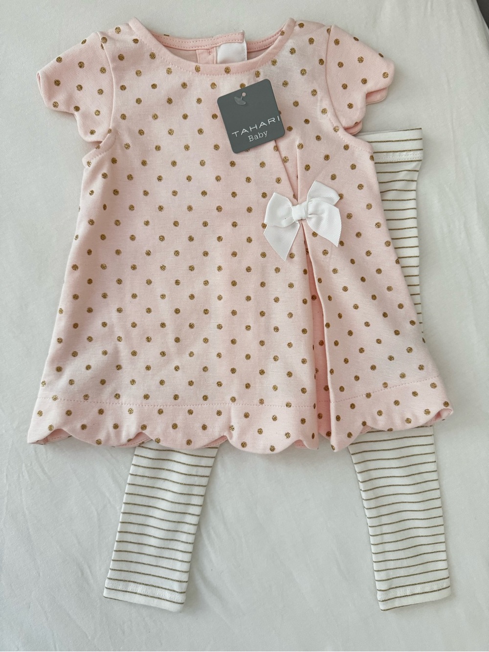 Tahari Baby Pink Top with Gold Polka Dots